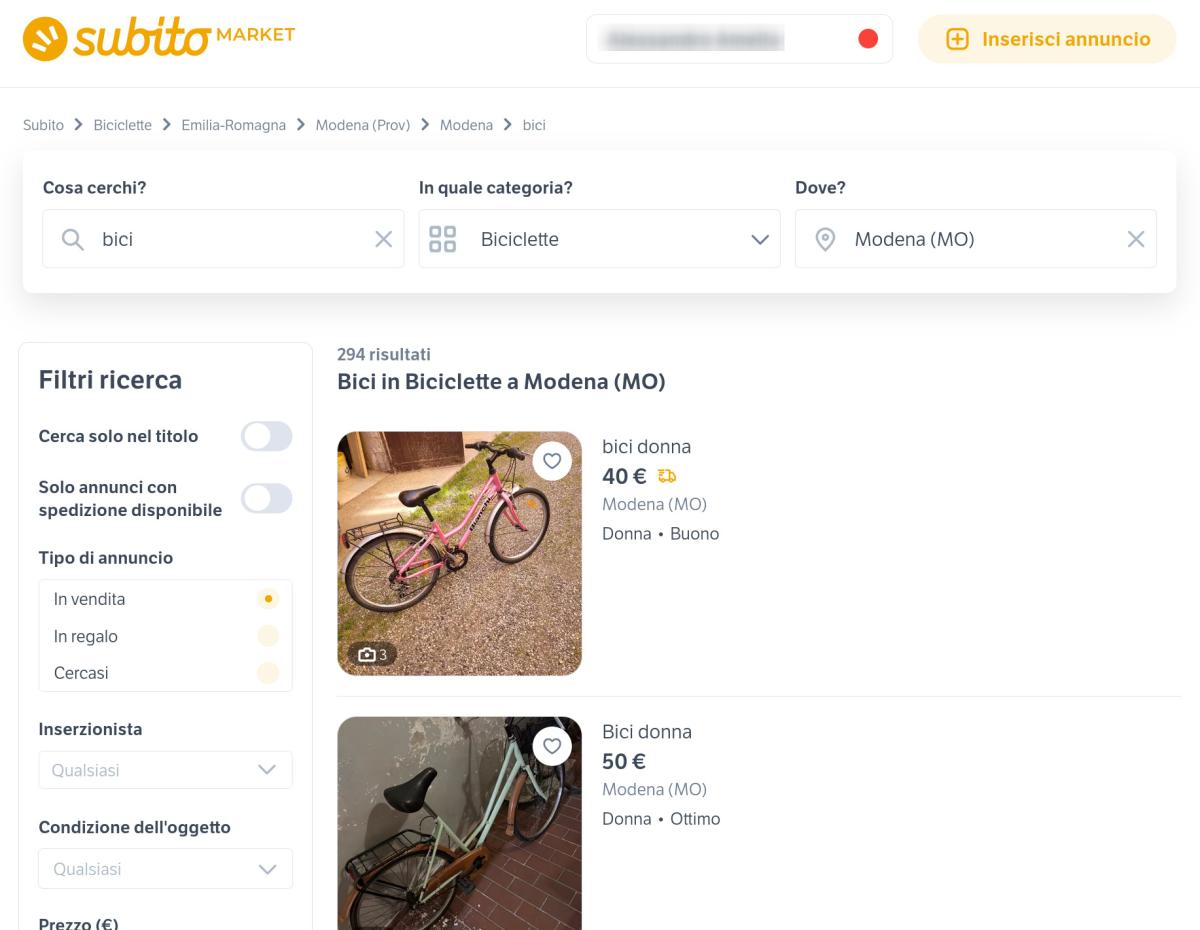 Ricerca bici usata su Subito.it
